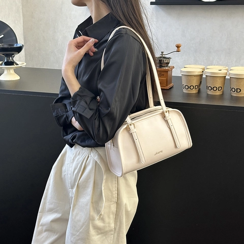 Borsa Da Spalla Sottobraccio Minimalista In Pelle PU Design Di Nicchia Stile Boston Chiusura Lampo Tracolla Regolabile Moda
