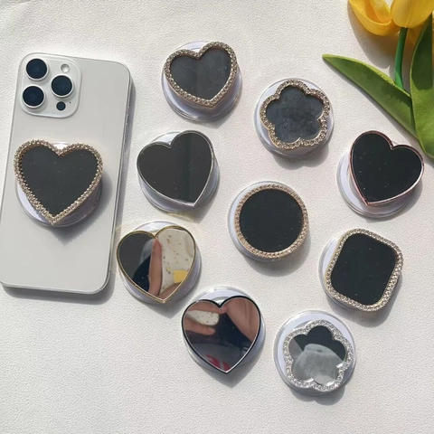 Soporte De Agarre Magnético Para Teléfono Con Espejo De Maquillaje Corazón Redondo Forma De Fleur Diamantes De Imitación Plegable Para Smartphones