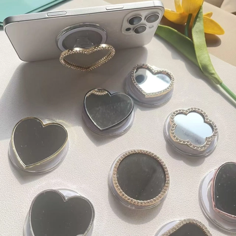 Soporte De Agarre Magnético Para Teléfono Con Espejo De Maquillaje Corazón Redondo Forma De Fleur Diamantes De Imitación Plegable Para Smartphones