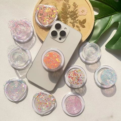 Magnetic Mobile Phone Holder Heart Shaped Glitter Sequin Collapsible Expanding Socket Grip Tok Transparent Accessory
