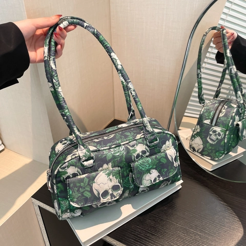 Gothic Vintage Skull Rose Print Shoulder Bag For Women Canvas Underarm Bag With Double Front Pockets Y2K Punk Style Handbag