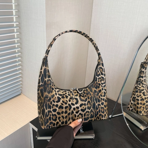 Borsa Hobo Con Stampa Leopardata Pelle PU Borsa A Spalla Mezzaluna Grande Capacità Doppia Cerniera Casual Donna