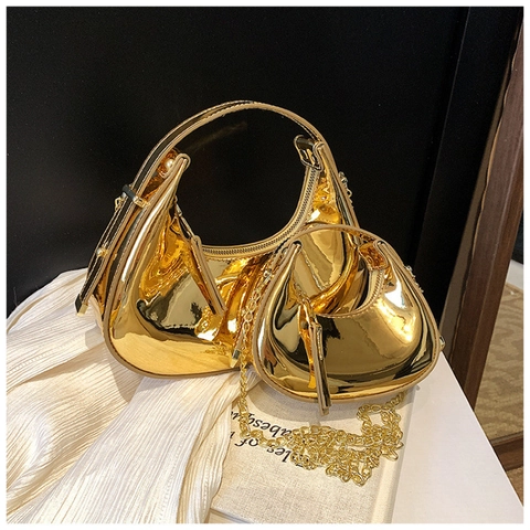 Bolso Hobo De Media Luna Para Mujer Cuero PU Espejo Metálico Brillante Correa De Cadena Fiesta Noche Moda Y2K