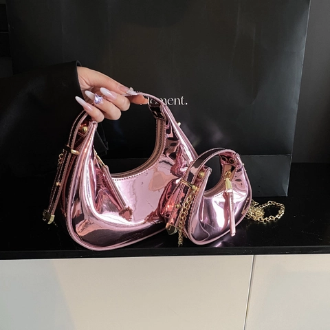 Damen Crescent Moon Hobo Tasche Metallic Spiegel Glänzend PU Leder Kette Schultergurt Abendparty Y2K Mode Handtasche
