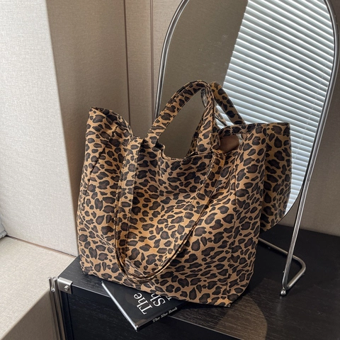 Borsa Tote In Tela Con Stampa Leopardata Grande Capacità Borsa A Tracolla Chic Motivo Animale Donne