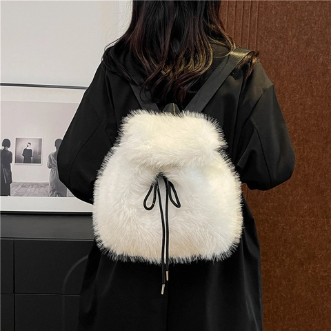 Zaino In Peluche Di Pelliccia Sintetica Chiusura Con Coulisse Stile Coreano Moda Invernale Borsa A Mano Per Donne