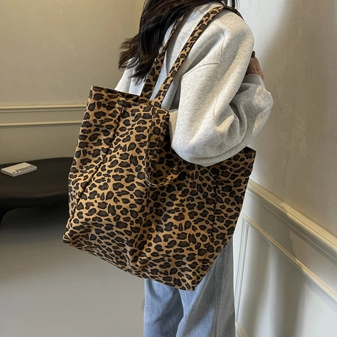 Borsa Tote In Tela Con Stampa Leopardata Grande Capacità Borsa A Tracolla Chic Motivo Animale Donne