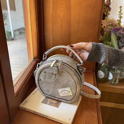 Borsa Tracolla Rotonda Donna Texture Denim PU Pelle Borsa Spalla Circolare Con Manico Rivetto Vintage Borsa Mano Casuale