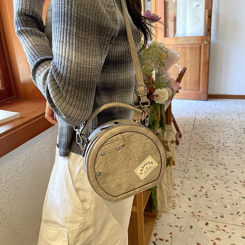 Borsa Tracolla Rotonda Donna Texture Denim PU Pelle Borsa Spalla Circolare Con Manico Rivetto Vintage Borsa Mano Casuale