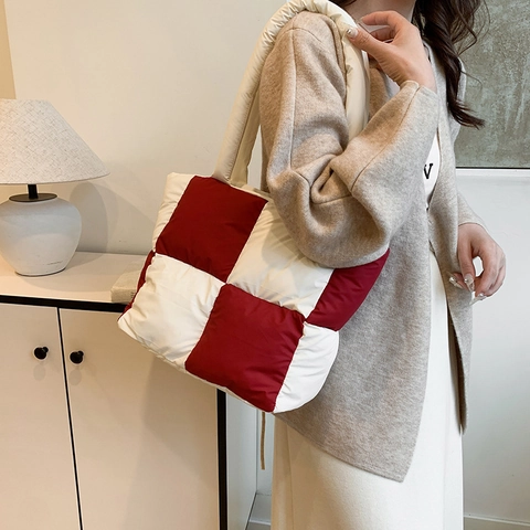 Nylon Puffer Tote Bag Quilted Checkerboard Color Block Large Capacity Casual Shoulder Handbag For Women