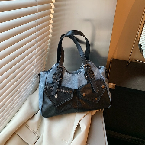 Borsa A Spalla Vintage Patchwork Pelle PU Denim Tasche Multiple Grande Capacità Retro Casual Per Donne