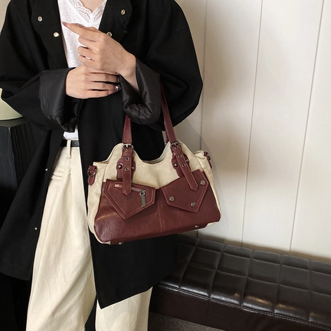 Borsa A Spalla Vintage Patchwork Pelle PU Denim Tasche Multiple Grande Capacità Retro Casual Per Donne