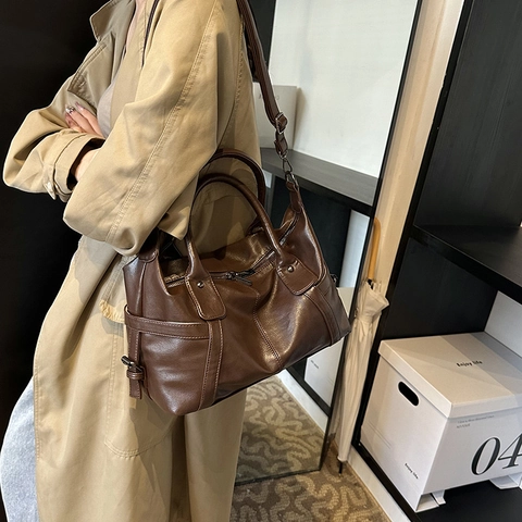 Borsa Tote da Donna in Pelle PU Grande Capacità Minimalista Borsa a Tracolla alla Moda Borsa a Mano Boston Con Impuntura