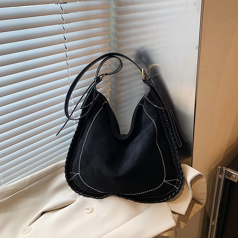 Vintage Damen Hobo Schultertasche Mattes PU Wildleder Große Kapazität Kontrastnähte Gewebte Kante Lässig Tote