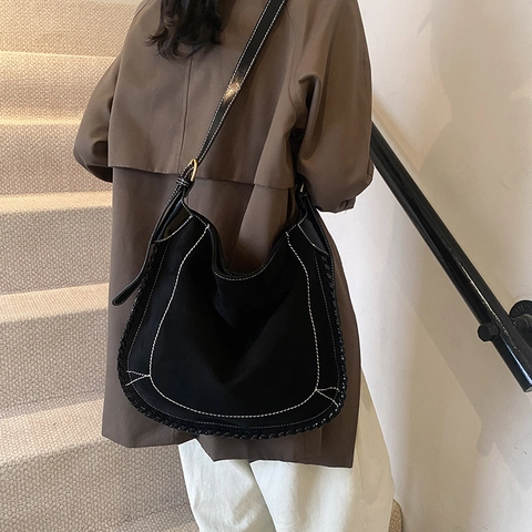 Vintage Damen Hobo Schultertasche Mattes PU Wildleder Große Kapazität Kontrastnähte Gewebte Kante Lässig Tote