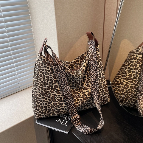 Borsa A Spalla Leopardata Vintage Grande Capacità Tote In Tela Moda Casuale Donna Borsa A Mano Tracolla Regolabile