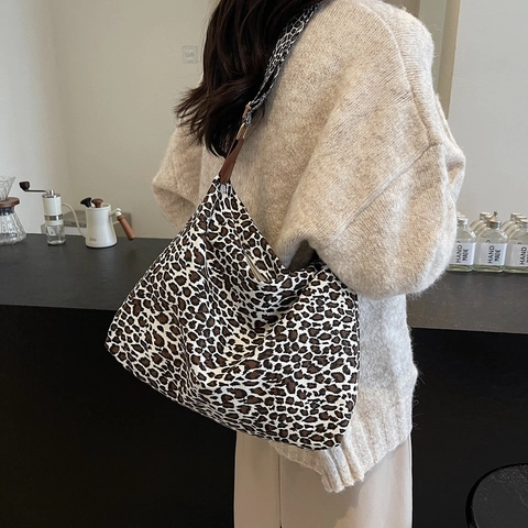 Borsa A Spalla Leopardata Vintage Grande Capacità Tote In Tela Moda Casuale Donna Borsa A Mano Tracolla Regolabile