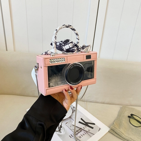 Borsa A Tracolla A Forma Di Macchina Fotografica Da Donna Pelle PU Con Manico In Foulard Di Raso Catena In Metallo Vintage Quadrata