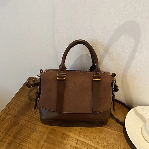 Women Vintage Suede PU Leather Patchwork Boston Bag Hand-Carried Crossbody Shoulder Bag Gold Metal Hardware Minimalist Street Style