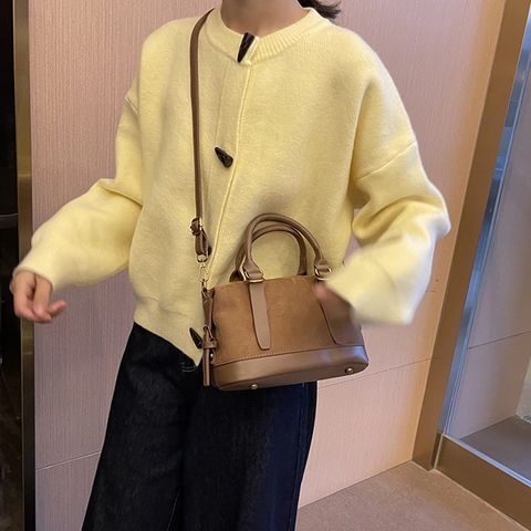 Women Vintage Suede PU Leather Patchwork Boston Bag Hand-Carried Crossbody Shoulder Bag Gold Metal Hardware Minimalist Street Style
