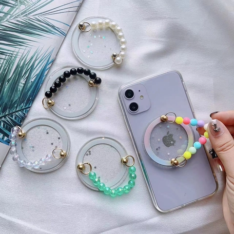 Magnetic Phone Ring Holder With Beaded Wrist Strap Artificial Pearl Chain MagSafe Compatible Acrylic Glitter Stand Accessory