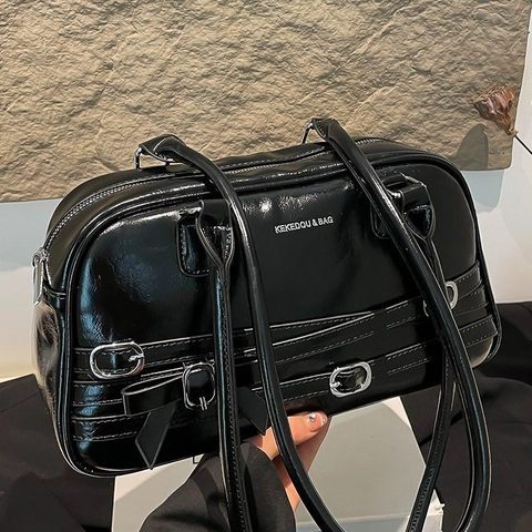 Bolso De Hombro Para Mujer Retro Cuero PU Brillante Con Hebilla De Metal Y Lazo Decorativo Para Diario Versátil
