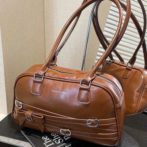 Bolso De Hombro Para Mujer Retro Cuero PU Brillante Con Hebilla De Metal Y Lazo Decorativo Para Diario Versátil