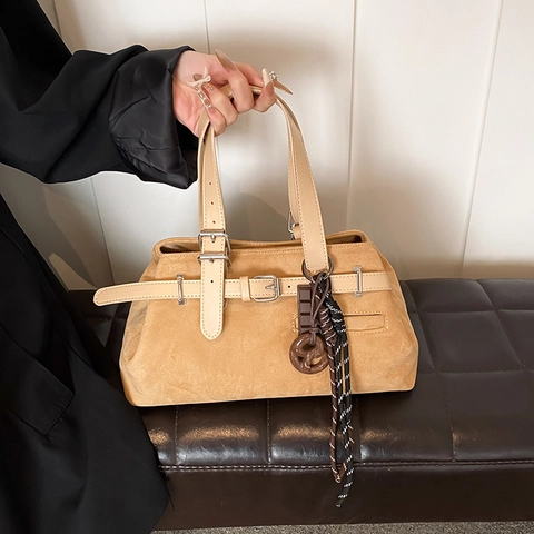 Borsa A Mano Tote Retro In Similpelle Scamosciata Opaca PU Da Donna Grande Capacità Con Fibbia Della Cintura