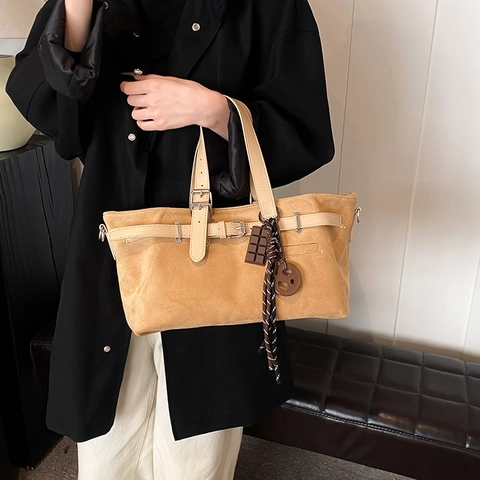 Borsa A Mano Tote Retro In Similpelle Scamosciata Opaca PU Da Donna Grande Capacità Con Fibbia Della Cintura