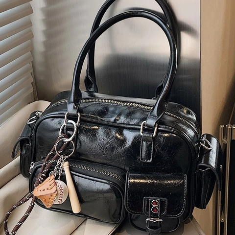 Borsa A Spalla Boston Da Donna In Pelle PU Lucida Multitasca Retro Borsa A Mano Bowling Con Ciondolo Da Baseball
