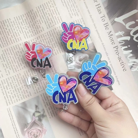 Retractable Badge Reel Acrylic CNA Nursing Assistant ID Card Holder Heart Peace Sign Glitter Swivel Clip Office Accessory