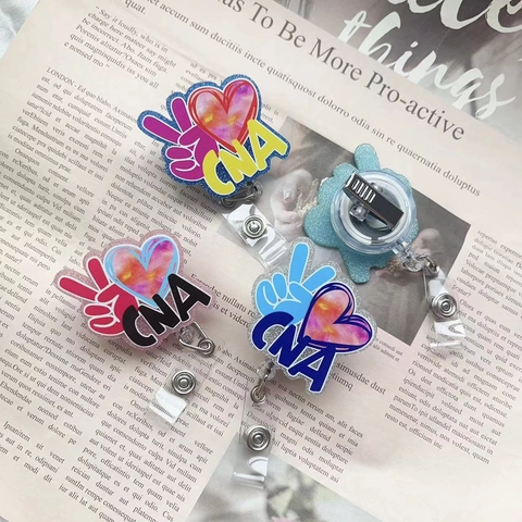 Retractable Badge Reel Acrylic CNA Nursing Assistant ID Card Holder Heart Peace Sign Glitter Swivel Clip Office Accessory