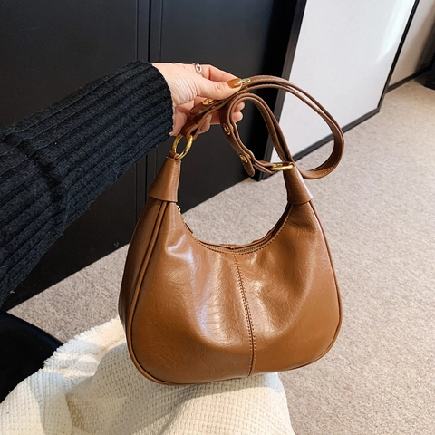 Borsa Hobo Retro Da Donna In Pelle PU Mezza Luna Borsa A Spalla Sottobraccio Con Texture Cerata E Tracolla Regolabile
