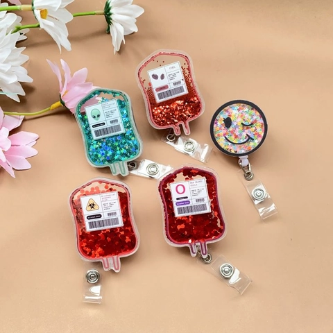 Enrouleur De Badge Rétractable Acrylique Paillettes Poche De Sang Porte-Badge Médical Nouveauté Infirmières Médecins