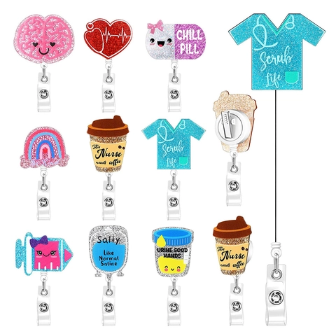 Retractable Badge Reel Glitter Acrylic ID Holder Swivel Alligator Clip Medical Nursing Theme Cute For Nurse Doctor
