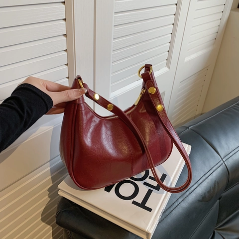 Borsa Hobo Retro Da Donna In Pelle PU Mezza Luna Borsa A Spalla Sottobraccio Con Texture Cerata E Tracolla Regolabile