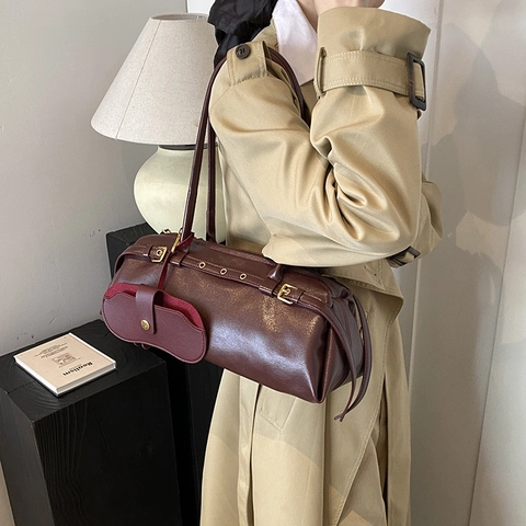 Borsa Baguette A Cilindro Retrò In Pelle PU Con Mini Pochette Rimovibile Per Donna Pendolare Grande Capacità