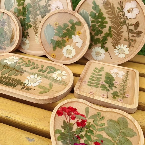 Posavasos Hecho A Mano De Madera Y Resina Con Flores Secas Reales Tapete Para Taza Resistente Al Calor Bandeja Escritorio