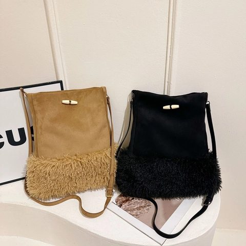 Borsa A Secchiello Da Donna Borsa A Spalla In Pelle Scamosciata Sintetica E Peluche Bottone In Legno Vintage Borsa A Mano Tracolla Regolabile