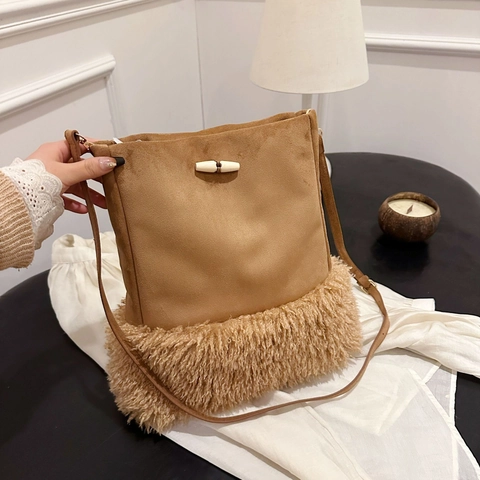 Borsa A Secchiello Da Donna Borsa A Spalla In Pelle Scamosciata Sintetica E Peluche Bottone In Legno Vintage Borsa A Mano Tracolla Regolabile