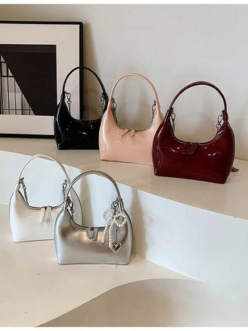 Borsa Hobo In Vernice Lucida Donna Forma A Mezzaluna Borsa Sottoascella Da Spalla Con Tracolla A Catena