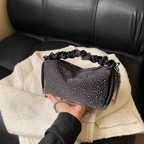 Sparkling Rhinestone Shoulder Bag With Ruched Handle Silver Metal Chain Crossbody Handbag Women Small Square Party Bag