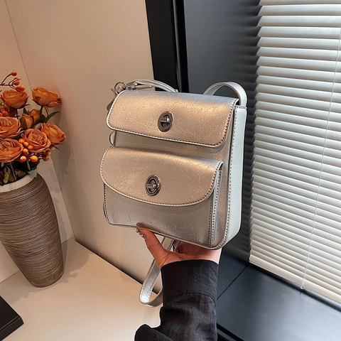 Borsa Tracolla Donna Pelle PU Lucida Grinzosa Messenger Borsa Spalla Tasche Doppie Chiusura Metallo Vintage Chic A Mano