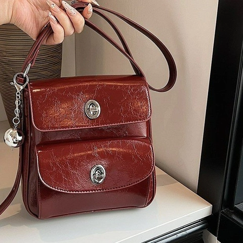 Borsa Tracolla Donna Pelle PU Lucida Grinzosa Messenger Borsa Spalla Tasche Doppie Chiusura Metallo Vintage Chic A Mano