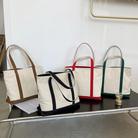 Women Large Capacity Canvas Tote Bag Contrast Color Blocking Handbag Daily Casual Commute Minimalist Korean Fashion