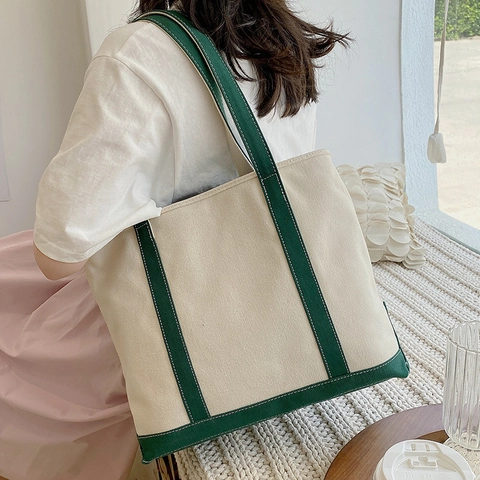Bolso Tote De Lona De Gran Capacidad Para Mujer Color En Contraste Bolso De Mano Casual Moda Coreana Minimalista