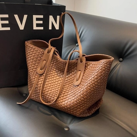 Woven Tote Bag PU Leather Large Capacity Checker Pattern Vintage Commuter Handbag Minimalist Solid Color For Women