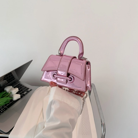 Mini Borsa A Mano Donna Pelle PU Metallico Laser Lucido Specchio Borsa A Tracolla Catena Di Perle Accessorio Moda