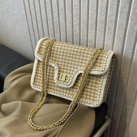 Women Woven Handbag Houndstooth Pattern Artificial Pearl Trim Shoulder Bag Chain Strap Elegant Vintage Tweed Style Square Flap Purse