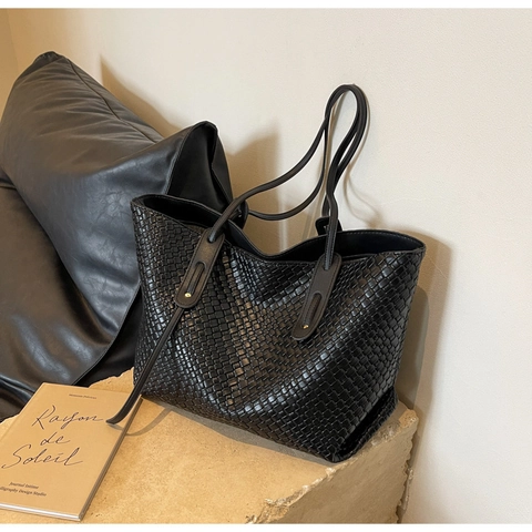 Woven Tote Bag PU Leather Large Capacity Checker Pattern Vintage Commuter Handbag Minimalist Solid Color For Women
